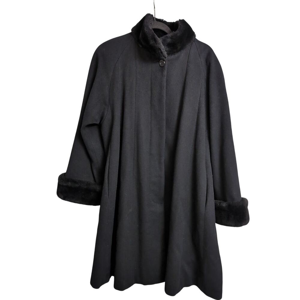 Steve by Searle Black Wool Blend Coat Faux Fur Trim Button Front Vintage XL-est